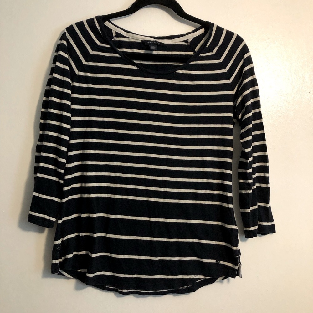 Tommy Hilfiger Women's 3/4 Long Sleeve Shirt Size M Striped Navy White